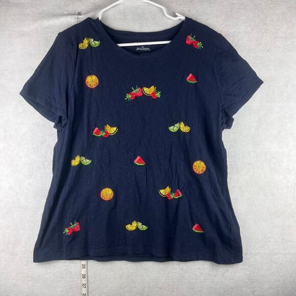 Talbots Blouse Fruit Women's XL 100% Cotton Comfort Navy Blue Summer BBQ Casual - Picture 1 of 7